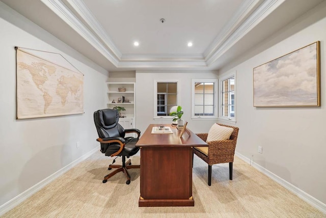 753 Jacquelene Ct, Encinitas, CA 92024 - carpeted home office featuring crown molding, a raised ceiling, baseboards, and recessed lighting
