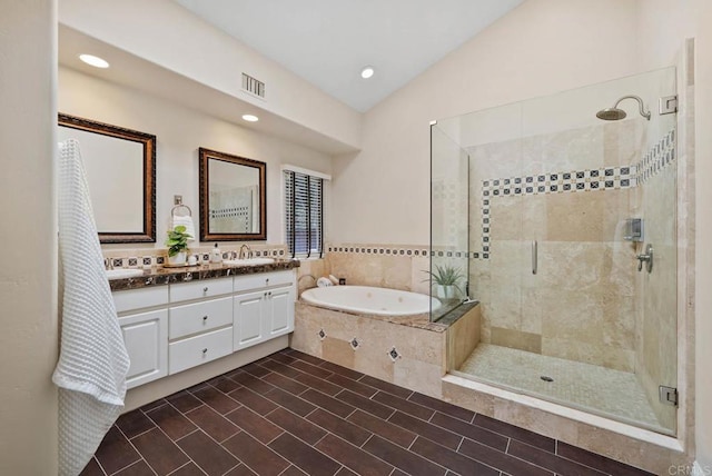 753 Jacquelene Ct, Encinitas, CA 92024 - full bath featuring a bath, a stall shower, double vanity, recessed lighting, and tile patterned floors