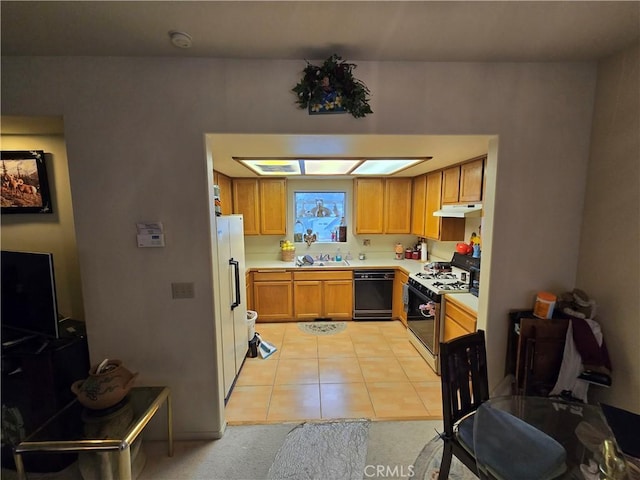 33361 Carlock Dr, Arrowbear, CA 92382 - kitchen featuring white appliances, light countertops, light tile patterned flooring, under cabinet range hood, and a sink