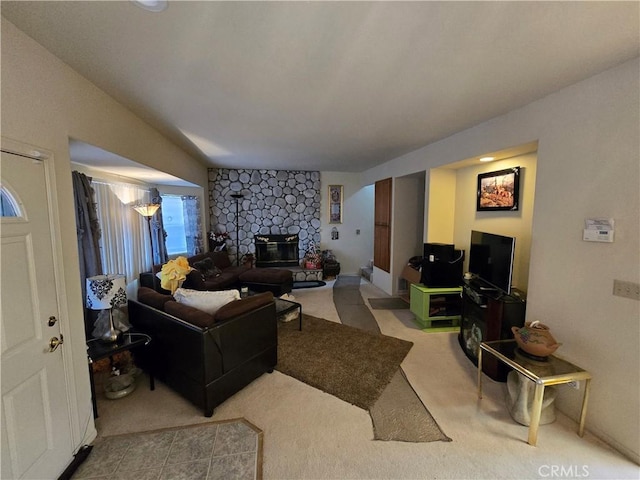 33361 Carlock Dr, Arrowbear, CA 92382 - living area with a stone fireplace and carpet