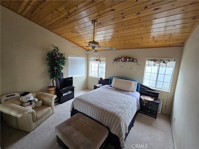 33361 Carlock Dr, Arrowbear, CA 92382 - carpeted bedroom with wooden ceiling, vaulted ceiling, and ceiling fan