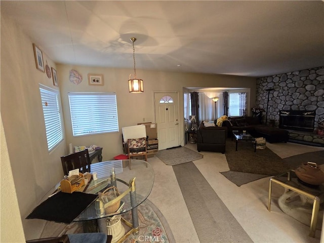 33361 Carlock Dr, Arrowbear, CA 92382 - living area featuring a stone fireplace