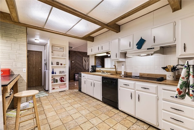 kitchen with white cabinets, black appliances, under cabinet range hood, backsplash, and beam ceiling