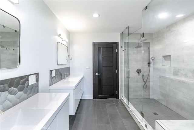 1430 Irving Ave, Glendale, CA 91201 - full bathroom featuring a stall shower, two vanities, a sink, and recessed lighting