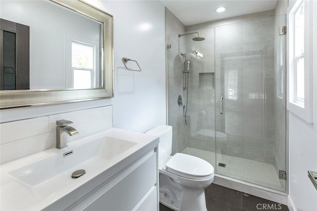 1430 Irving Ave, Glendale, CA 91201 - bathroom with toilet, tile patterned floors, vanity, and a stall shower