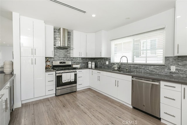 1430 Irving Ave, Glendale, CA 91201 - kitchen with wall chimney exhaust hood, dark countertops, a sink, stainless steel appliances, and backsplash