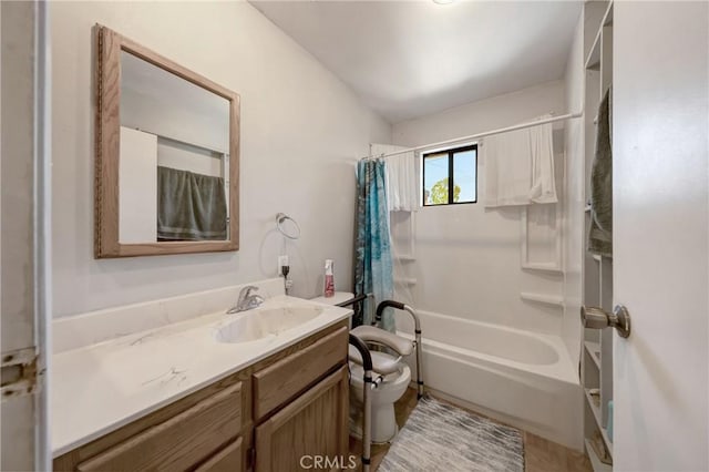bathroom featuring shower / tub combo, toilet, and vanity