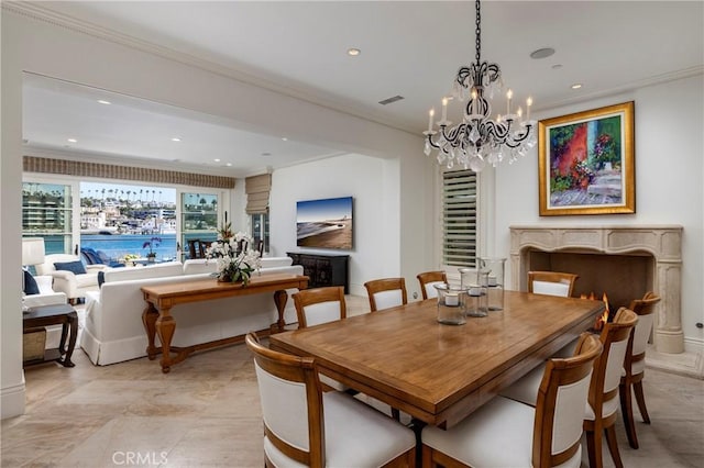 2258 Channel Rd, Newport Beach, CA 92661 - dining area with crown molding, a chandelier, and recessed lighting