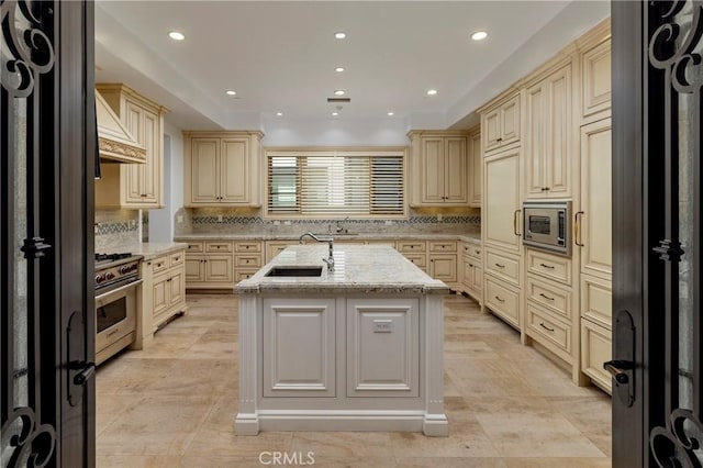 2258 Channel Rd, Newport Beach, CA 92661 - kitchen featuring cream cabinetry, stainless steel appliances, a sink, and recessed lighting