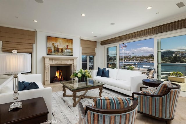 2258 Channel Rd, Newport Beach, CA 92661 - living room featuring recessed lighting, crown molding, and a high end fireplace