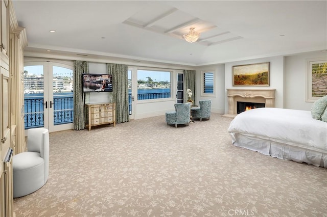 2258 Channel Rd, Newport Beach, CA 92661 - bedroom with a raised ceiling, carpet, french doors, access to exterior, and recessed lighting