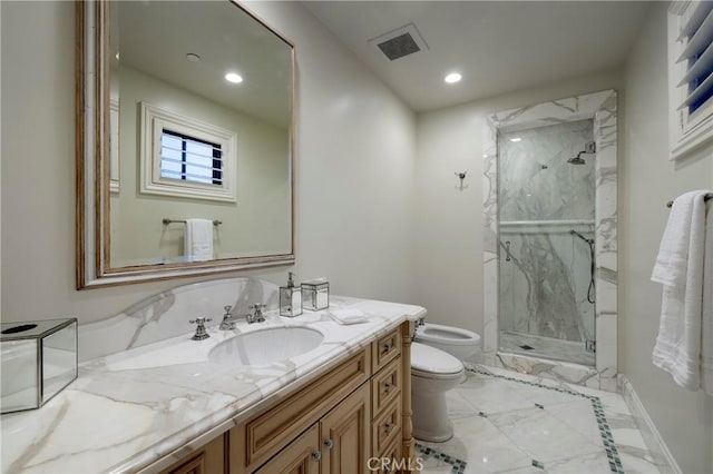 2258 Channel Rd, Newport Beach, CA 92661 - bathroom with toilet, a marble finish shower, vanity, marble finish floors, and recessed lighting
