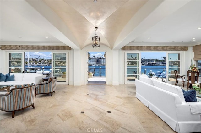 2258 Channel Rd, Newport Beach, CA 92661 - living room with a water view, ornamental molding, and recessed lighting