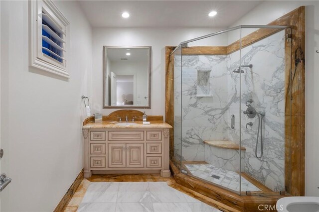 2258 Channel Rd, Newport Beach, CA 92661 - full bathroom with marble finish floors, vanity, a marble finish shower, and recessed lighting