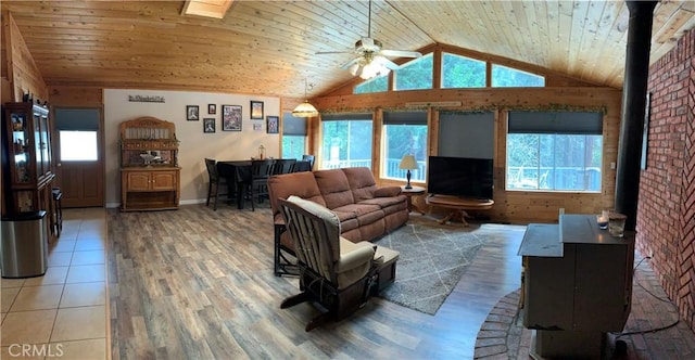 living area featuring a wood stove, wooden ceiling, a ceiling fan, and lofted ceiling