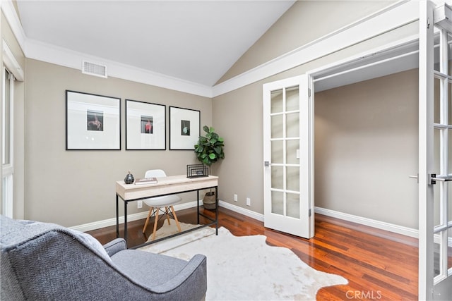 office area with french doors, baseboards, wood finished floors, vaulted ceiling, and visible vents