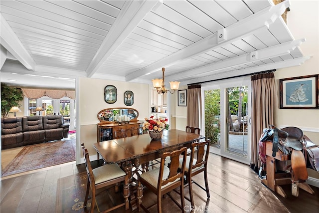 dining room with beam ceiling, hardwood / wood-style flooring, and an inviting chandelier