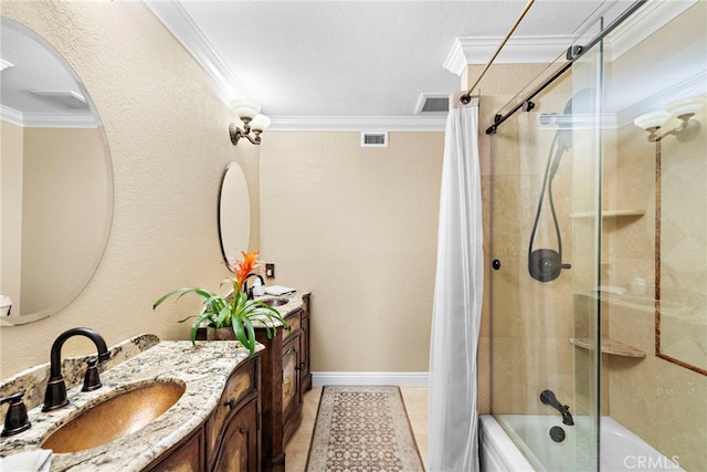 bathroom featuring shower / bath combo, visible vents, vanity, and crown molding