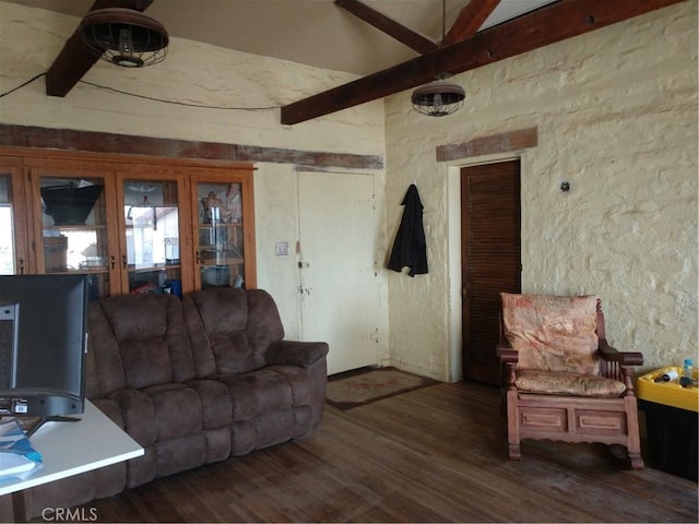 living area with french doors, high vaulted ceiling, beam ceiling, and wood finished floors