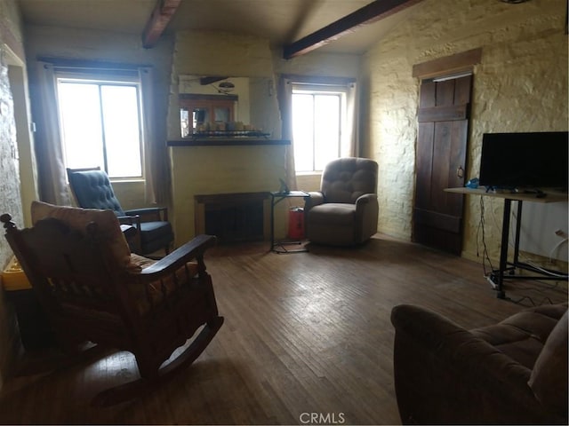 living room featuring a healthy amount of sunlight, vaulted ceiling with beams, wood finished floors, and a fireplace