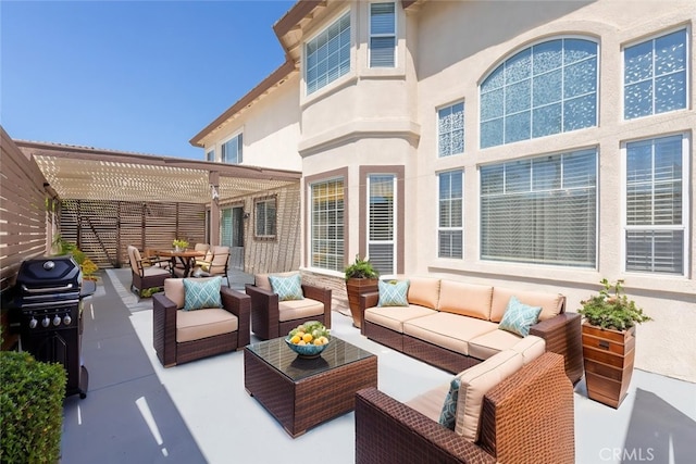 view of patio / terrace featuring an outdoor living space, grilling area, a pergola, and outdoor dining area