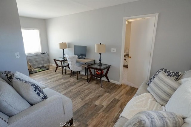 living area featuring wood finished floors and baseboards