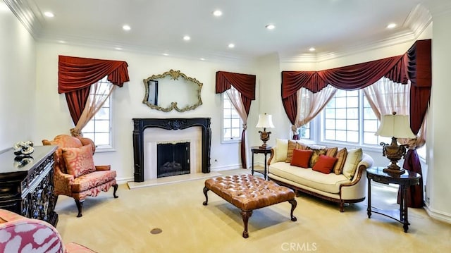 25782 Highplains Ter, Laguna Hills, CA 92653 - living room with carpet flooring, ornamental molding, a high end fireplace, recessed lighting, and baseboards