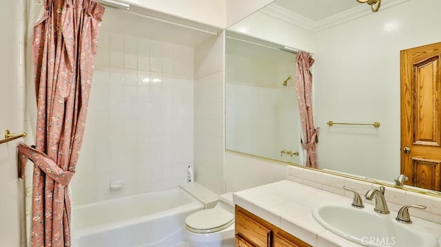25782 Highplains Ter, Laguna Hills, CA 92653 - bathroom featuring toilet, ornamental molding, shower / tub combo with curtain, and vanity