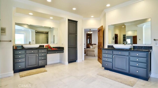 25782 Highplains Ter, Laguna Hills, CA 92653 - bathroom with ornamental molding, baseboards, recessed lighting, two vanities, and a shower