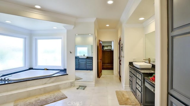 25782 Highplains Ter, Laguna Hills, CA 92653 - full bathroom with ornamental molding, a bath, vanity, recessed lighting, and tile patterned flooring