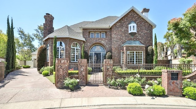 25782 Highplains Ter, Laguna Hills, CA 92653 - view of front of home featuring a chimney, a gate, a fenced front yard, and brick siding