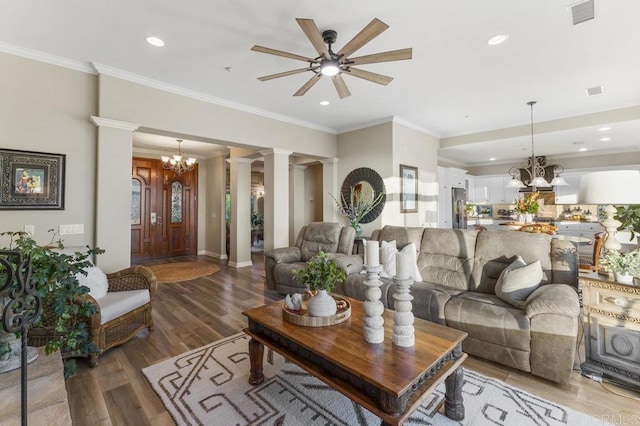 1078 Rainbow Crest Rd, Fallbrook, CA 92028 - living area featuring a chandelier, a ceiling fan, recessed lighting, wood finished floors, and crown molding