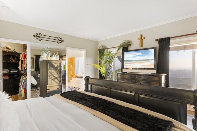 1078 Rainbow Crest Rd, Fallbrook, CA 92028 - bedroom with a walk in closet, multiple windows, ornamental molding, and a closet