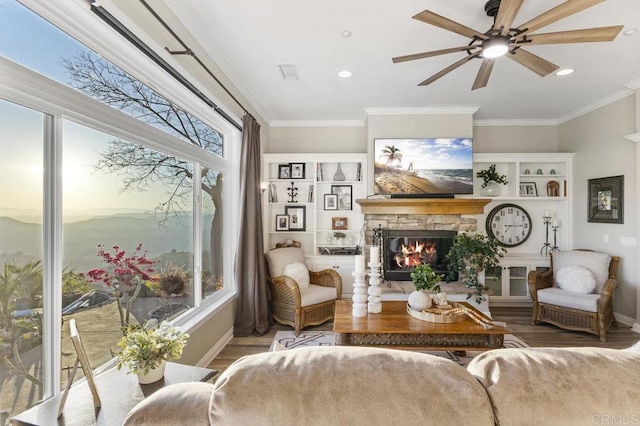 1078 Rainbow Crest Rd, Fallbrook, CA 92028 - living room with wood finished floors, a fireplace, a ceiling fan, ornamental molding, and baseboards