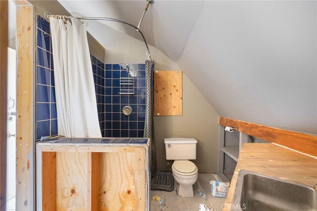 17021 Linda Ln, Onyx, CA 93255 - bathroom featuring a shower with shower curtain, a sink, toilet, and lofted ceiling