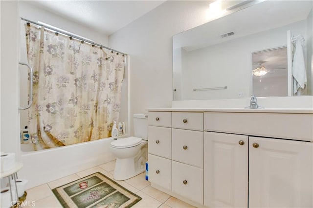 full bath with vanity, visible vents, toilet, tile patterned floors, and shower / bath combo with shower curtain