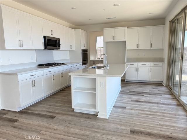 kitchen with stainless steel appliances, plenty of natural light, a sink, and open shelves