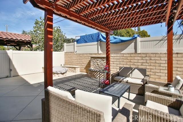 view of patio / terrace featuring an outdoor living space, a fenced backyard, and a pergola