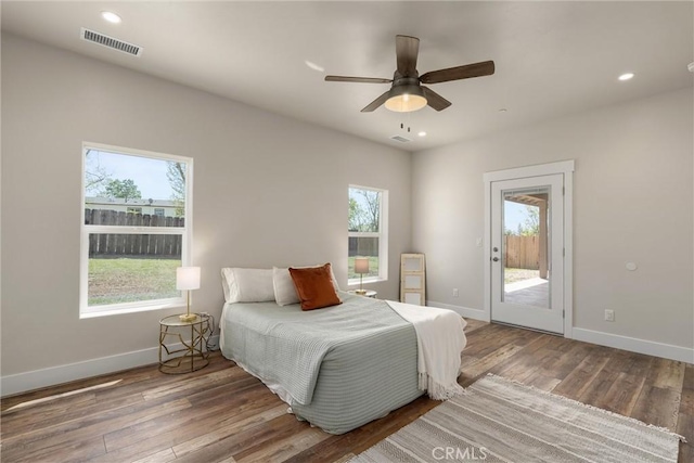 1924 Crandall Way, Paradise, CA 95969 - bedroom with access to exterior, baseboards, wood finished floors, recessed lighting, and a ceiling fan