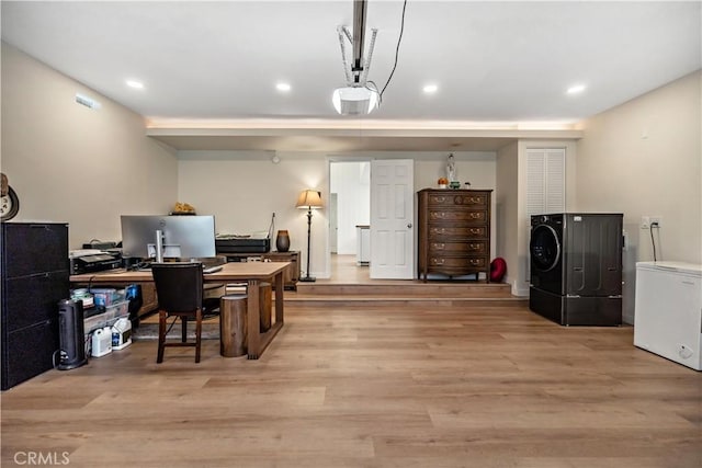 office with light wood-style flooring, visible vents, and recessed lighting