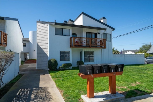 207 Knox St, Costa Mesa, CA 92627 - exterior space with a front lawn, fence, a balcony, and a chimney