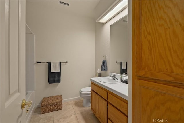 full bath with vanity, tile patterned flooring, visible vents, toilet, and baseboards