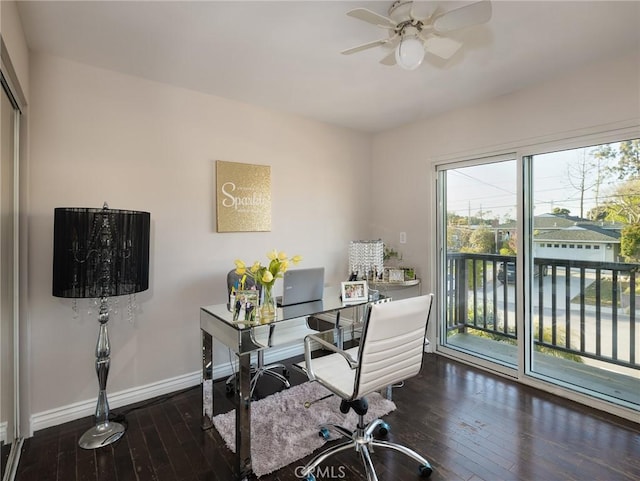office area with wood-type flooring, ceiling fan, and baseboards