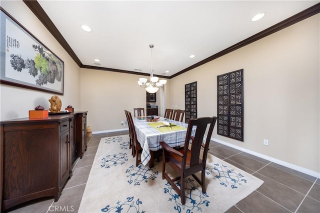 tiled dining area featuring recessed lighting, baseboards, an inviting chandelier, and ornamental molding
