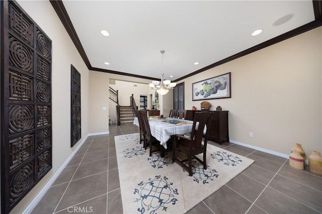 dining space with a chandelier, crown molding, recessed lighting, stairs, and dark tile patterned flooring