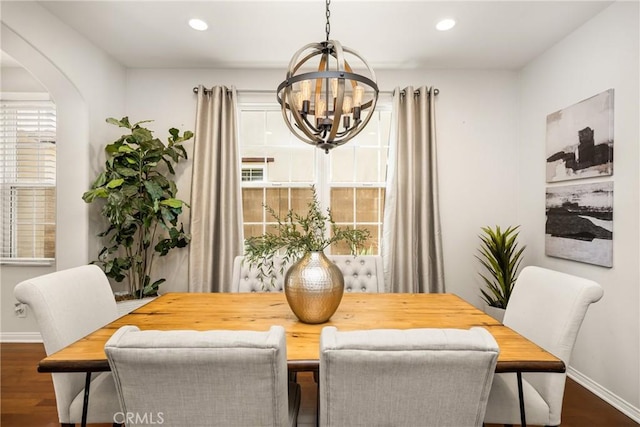 62 Crabapple, Irvine, CA 92620 - dining area featuring dark wood-type flooring, a notable chandelier, baseboards, and recessed lighting