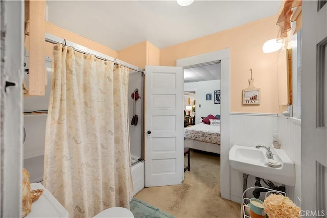 755 E 11th St, Pomona, CA 91766 - full bathroom with shower / bath combo with shower curtain, wainscoting, and connected bathroom