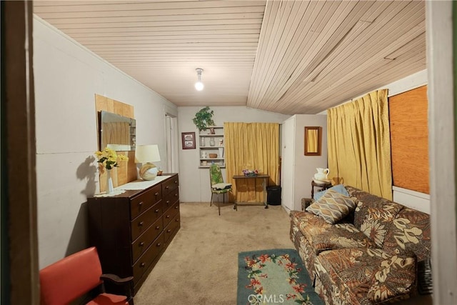 755 E 11th St, Pomona, CA 91766 - living area featuring light carpet, vaulted ceiling, and wood ceiling