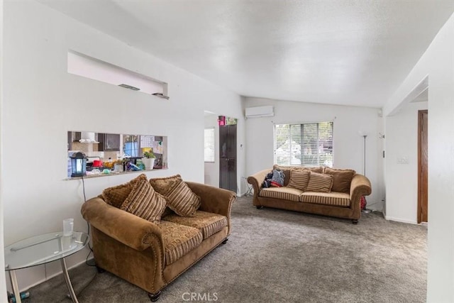 carpeted living area with lofted ceiling, a wall mounted AC, and baseboards