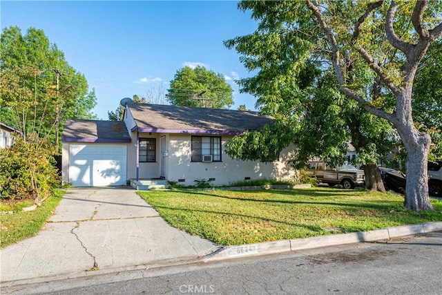 8824 Watson Ave, Whittier, CA 90605 - ranch-style home with a front yard, crawl space, a garage, and concrete driveway